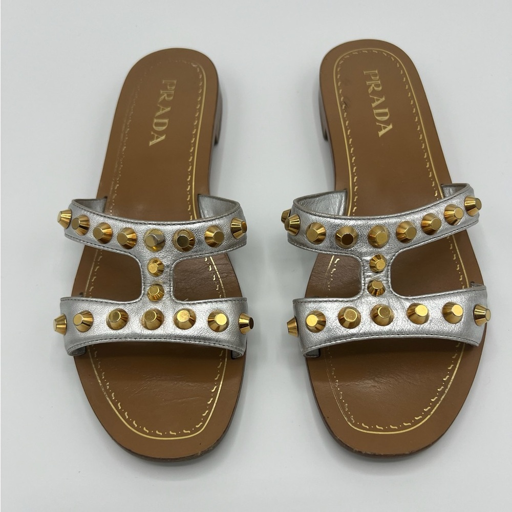 PRADA H Strap Sandals Silver with Gold Grommets